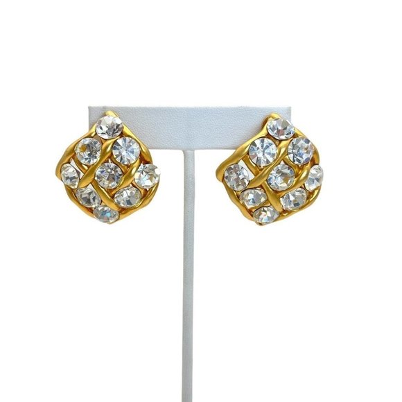 Norma Jean SIGNED Vintage Matte Gold Large Rhinestone Statement Clip On Earrings - Picture 1 of 12
